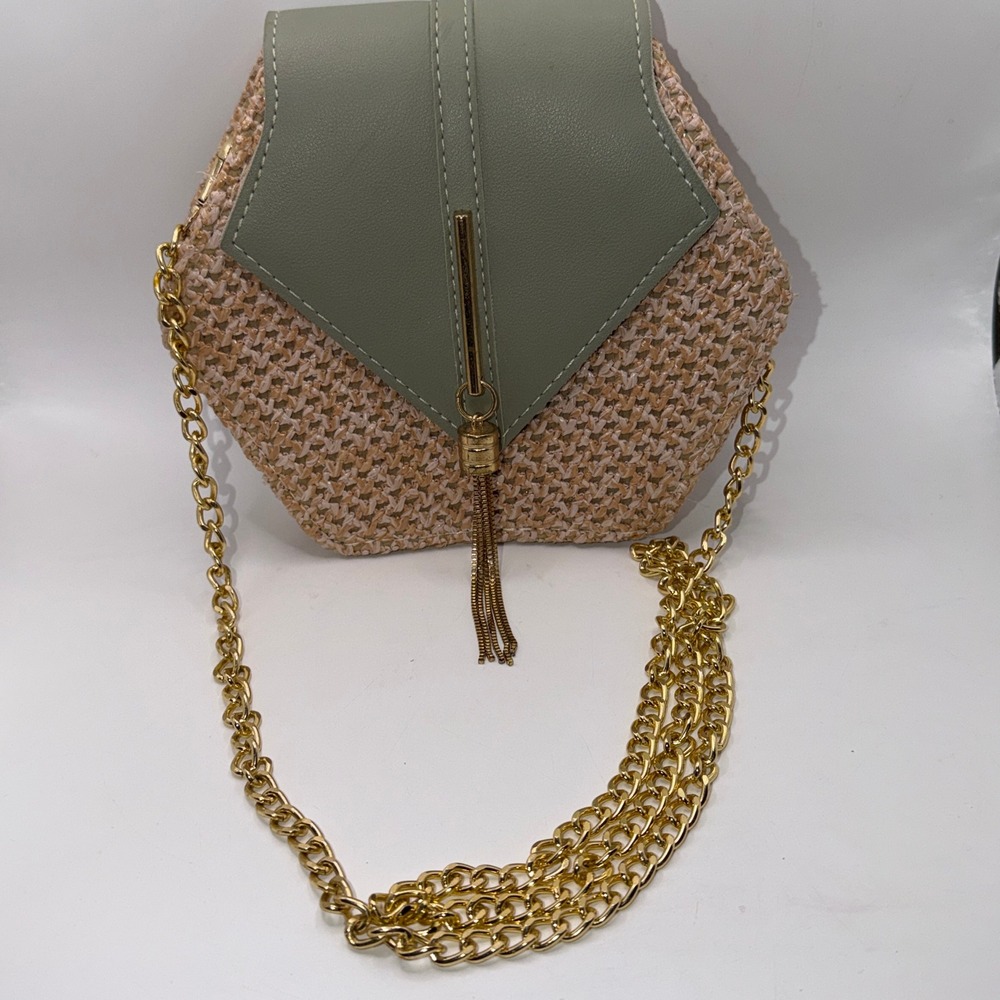 Woven Straw Hexagon Crossbody Bag Sage Green Boho Cottagecore Coastal Grandma